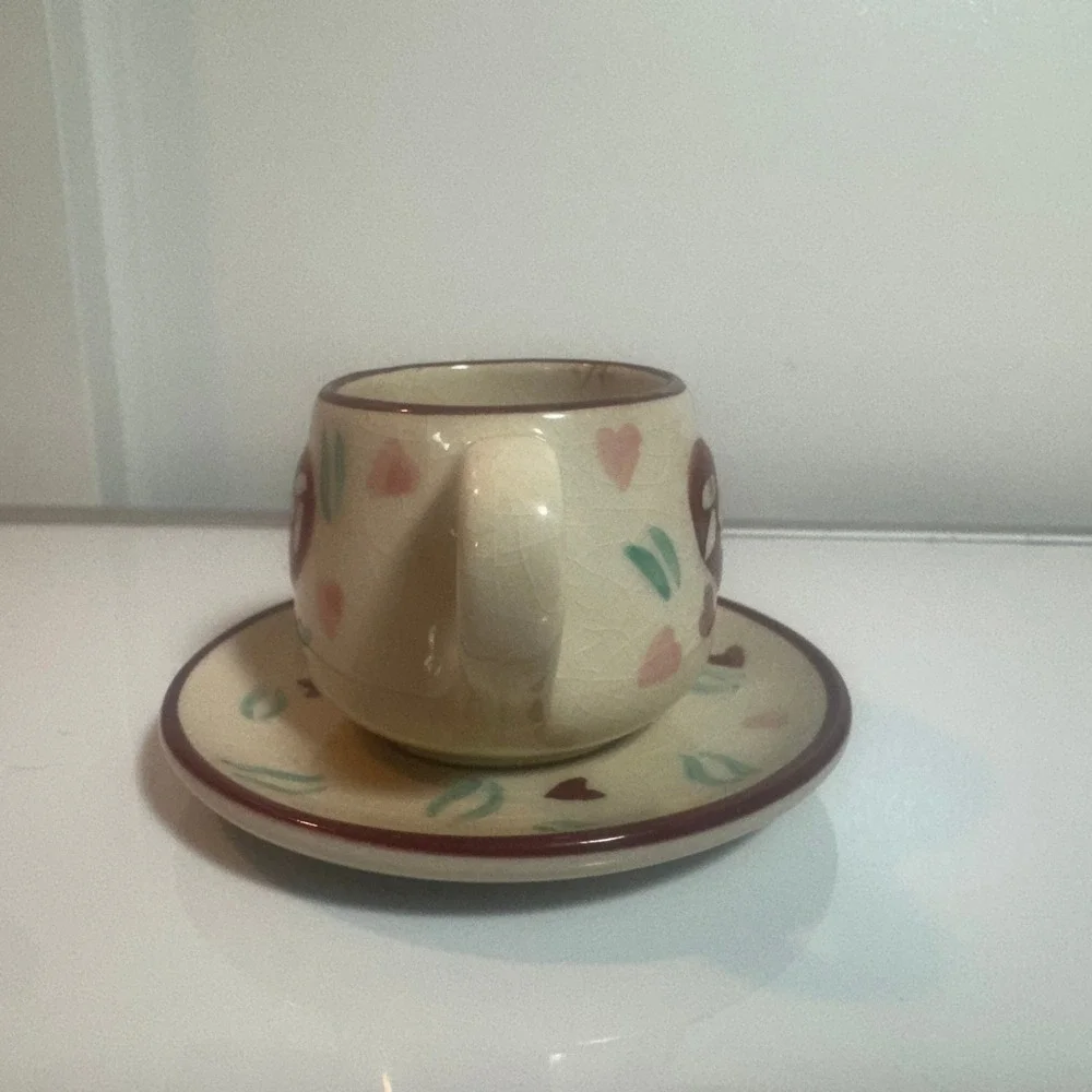 Mini Espresso Cup and Saucer Set Cracked Glaze Heart Rose‎ Design